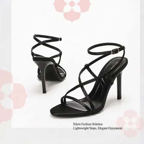 Women Satin Stiletto High Heeled Sandals Cross Thin Straps Open Toe Ankle Strap Elegant Dress Sandals For Party Banquet Wedding