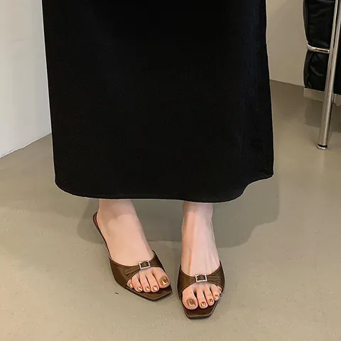 Women High Heel Sandals Satin Rhinestone Buckle Square Toe Open Toe Stiletto Heel Mules Fashion Summer Slippers For Party Dating