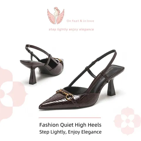 Patent Leather Pointed Toe High Heels Gold Horsebit Buckle Slingback Pumps Glossy Croc Texture Elegant Professional Commute Women Shoes