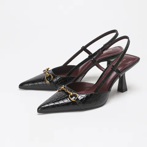 Patent Leather Pointed Toe High Heels Gold Horsebit Buckle Slingback Pumps Glossy Croc Texture Elegant Professional Commute Women Shoes
