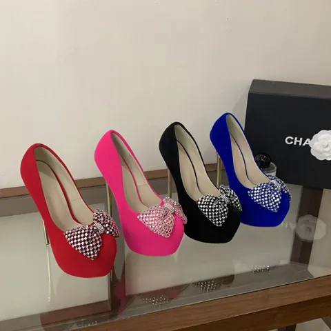 Damen Veloursleder Plateau Pfennigabsatz Pumps mit Strass Schleife Sexy High Heels für Modenschau Nachtclub Party Mode Pumps