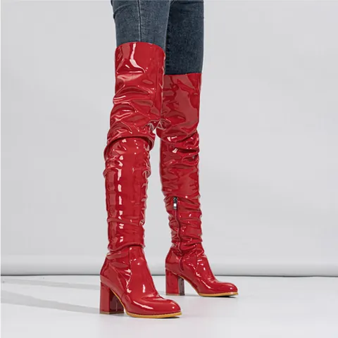Women Over The Knee Boots Slouchy Patent Leather Chunky High Heel Boots Shiny Side Zipper Thigh High Boots Fashion Solid Color Party Daily Footwear