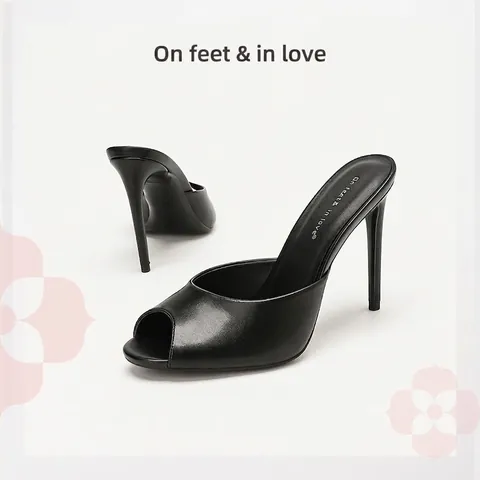 Women Sexy Peep Toe Stiletto Mules Mirror PU Leather High Heel Sandals Elegant Commuter Slip On Summer Shoes Office Stiletto Mules