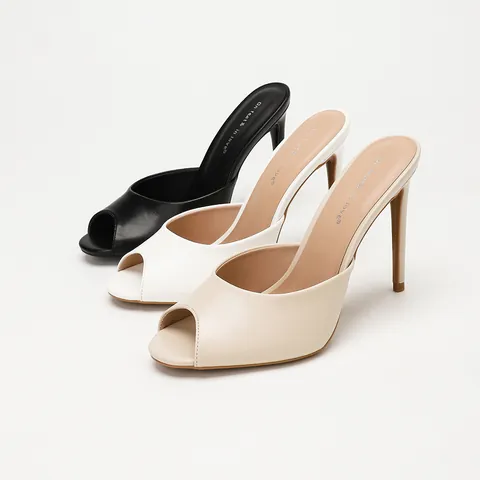 Women Sexy Peep Toe Stiletto Mules Mirror PU Leather High Heel Sandals Elegant Commuter Slip On Summer Shoes Office Stiletto Mules