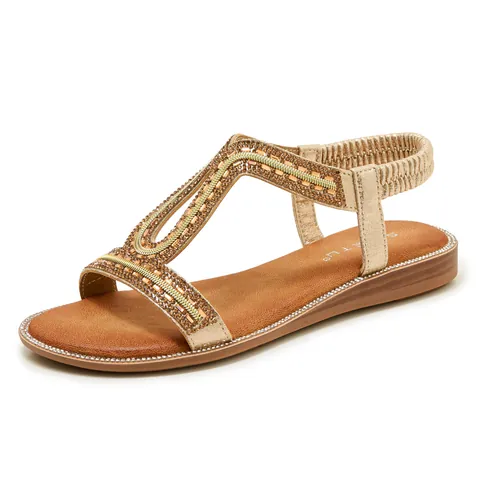 Women Bohemian Rhinestone Flat Sandals Vintage Roman T-Strap Elastic Back Strap PU Summer Beach Sandals Casual Glitter Party Holiday Walking Shoes
