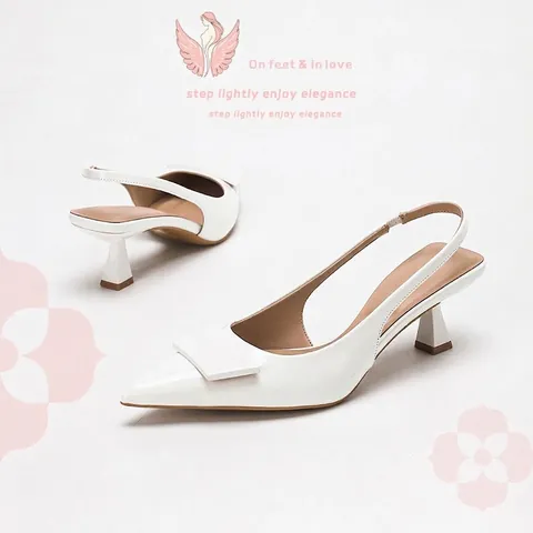 Women's Pointed Toe Slingback Sandals Mirror Finish PU Leather Square Buckle Block Kitten Heel Commuter Dress Pumps Ladies Office Shoes