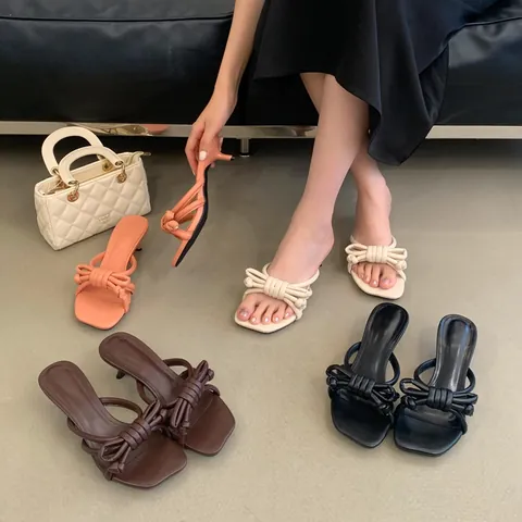 Handmade Bow Kitten Heel Slides For Women PU Leather Rubber Sole Strappy Stiletto Sandals Vacation Elegant Summer Mules
