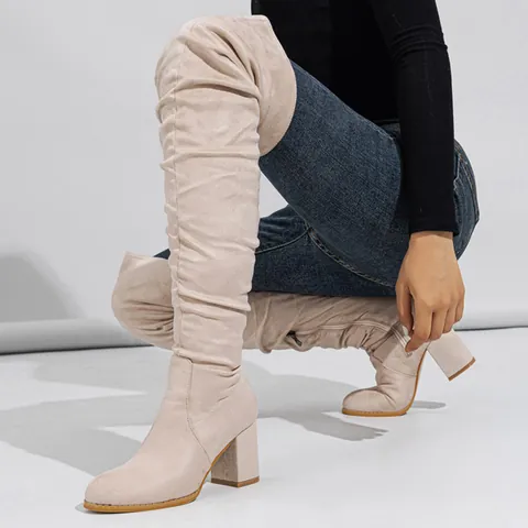 Women Stylish Over-the-Knee Boots Suede Slouchy Chunky High Heel Long Boots with Side Zipper Fashion Pointed Toe Boots for Women