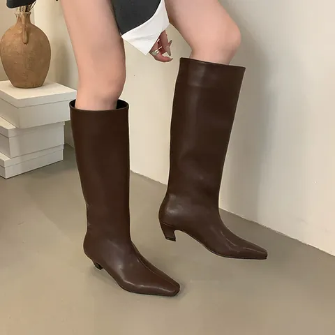 Dames Retro Ridderlaarzen Vierkante Teen Lage Hak Microvezel Leer Kniehoge Laarzen Brede Kuit Mode Lange Laarzen