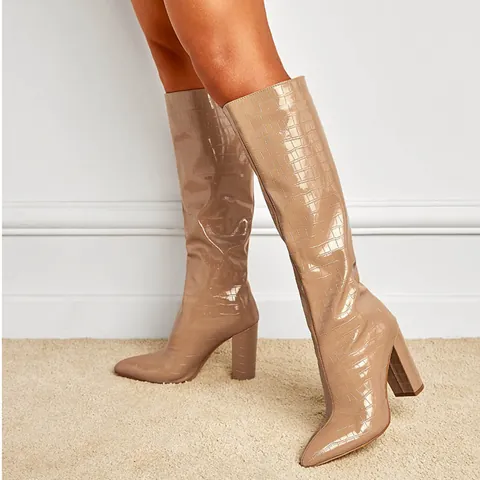 Women Western Pointed Toe Block Heel Knee High Boots Faux Crocodile Pattern PU Leather Winter Long Boots Khaki Black Apricot