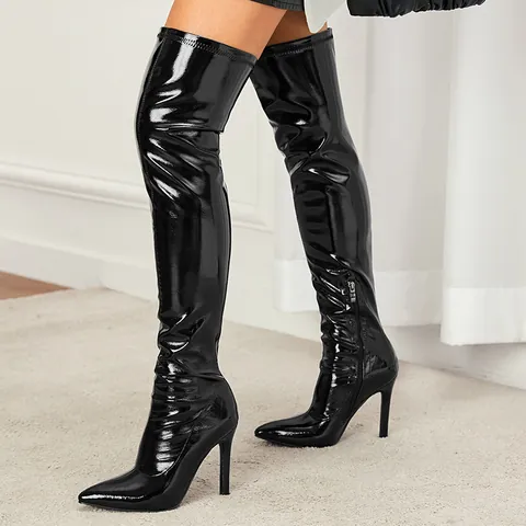 Stivali Sopra il Ginocchio a Punta da Donna Pelle Verniciata Tacco a Spillo Alto Cerniera Laterale Moda Stivali Lunghi Slim