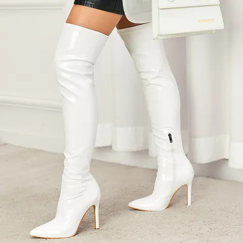 Stivali Sopra il Ginocchio a Punta da Donna Pelle Verniciata Tacco a Spillo Alto Cerniera Laterale Moda Stivali Lunghi Slim