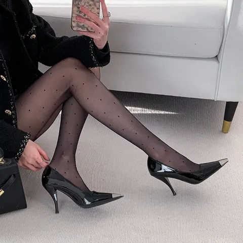 Elegant French Style Women Stiletto High Heels Patent Leather Pointed Toe With Metal Cap Sexy Banquet Dress Single Shoes