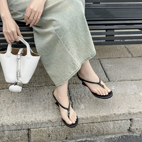 Sandalias de Cuña Retro para Mujer Minimalista Francés Chanclas con Hebilla de Metal PU Tacón Alto Sandalias de Verano al Aire Libre