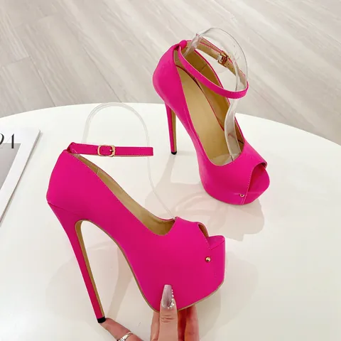 Women Sexy Peep Toe Sandals Platform Stiletto Heels Ankle Strap Party Shoes Rose Red Faux Suede Super High Heel Pumps
