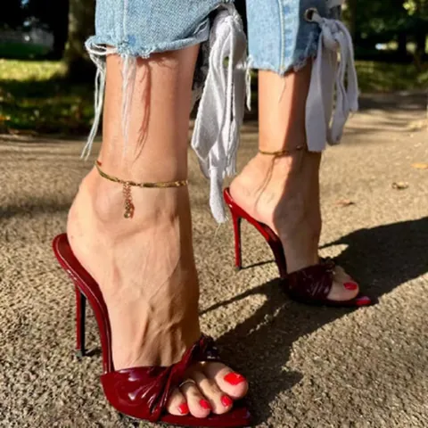 Women's Pointed Toe Stiletto High Heel Mules Sexy Twisted Knot Slip-on Slides Metallic Gold Silver PU Leather Party Dress Shoes