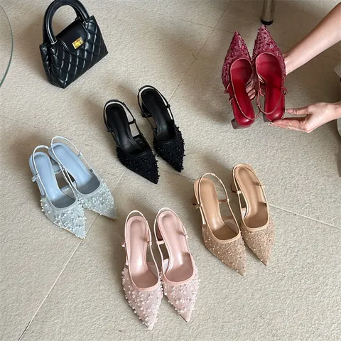 Women French Style Elegant Lace Pointed Toe Chunky Heel Sandals With Artificial Pearl Decoration Slingback Party Heels