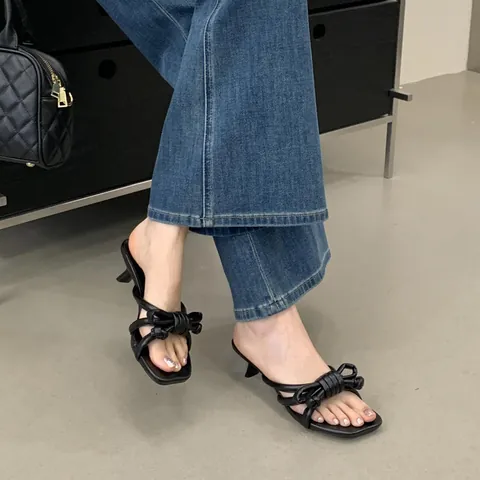 Handmade Bow Kitten Heel Slides For Women PU Leather Rubber Sole Strappy Stiletto Sandals Vacation Elegant Summer Mules