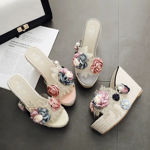 Women's Handmade Flower Beaded Wedge Sandals Transparent Lace Straps Straw Woven Platform 11.5cm High Heels PU Rubber Summer Beach Shoes