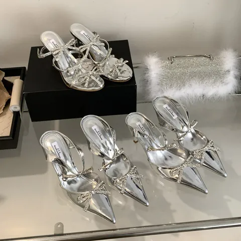 Women Fashion Silver Rhinestone Bow High Heel Sandals Pointed Toe Stiletto Slingback Wedding Party Banquet Dress Shoes