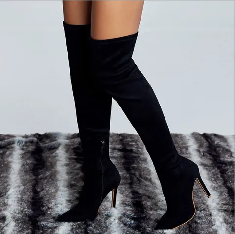 Women Over-the-Knee Boots Stiletto High Heel Pointed Toe Stretch Faux Suede Thigh High Boots Side Zipper Dress Party Shoes
