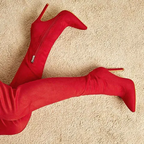 Women Over-the-Knee Boots Stiletto High Heel Pointed Toe Stretch Faux Suede Thigh High Boots Side Zipper Dress Party Shoes