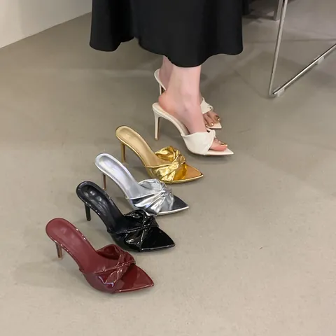 Women's Pointed Toe Stiletto High Heel Mules Sexy Twisted Knot Slip-on Slides Metallic Gold Silver PU Leather Party Dress Shoes