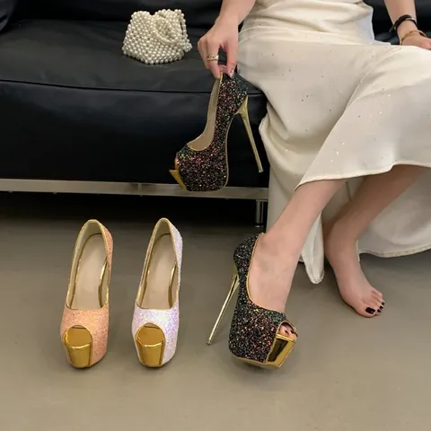 Women's Luxury Glitter Peep Toe Platform Stiletto High Heels Party Wedding Pumps Sparkle Sequined Banquet Shoes Sandals