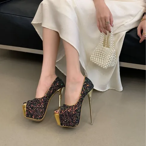 Women's Luxury Glitter Peep Toe Platform Stiletto High Heels Party Wedding Pumps Sparkle Sequined Banquet Shoes Sandals