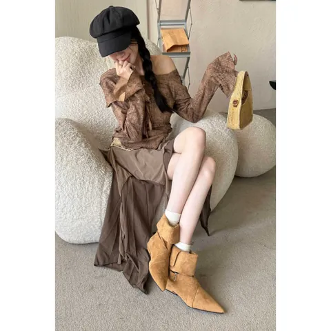 French Fashion Women Pointed Toe Short Boots Chunky Low Heel Slouchy Fold Over Cuff Buckle Strap Suede PU Ankle Boots