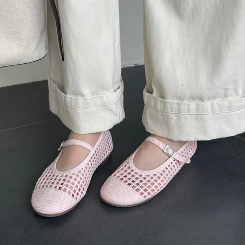 Zapatos Mary Jane Tejidos Calados para Mujer Vintage Francés Transpirables Bailarinas Planas con Correa de Malla para Fiesta de Playa de Verano