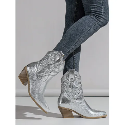 Women's Western Cowboy Boots Metallic Faux Leather Embroidered Pattern Pointed Toe Chunky Heel Slip-On Short Boots Retro Fashion
