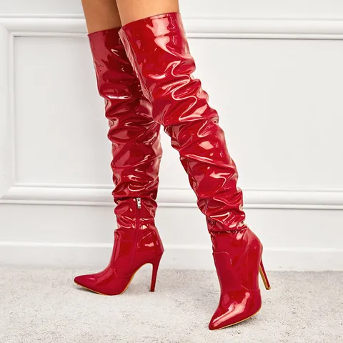 Women Over-the-knee Boots Pointed Toe Stiletto High Heel Patent Leather Slouchy Slouch Boots Side Zipper Fashion Boot