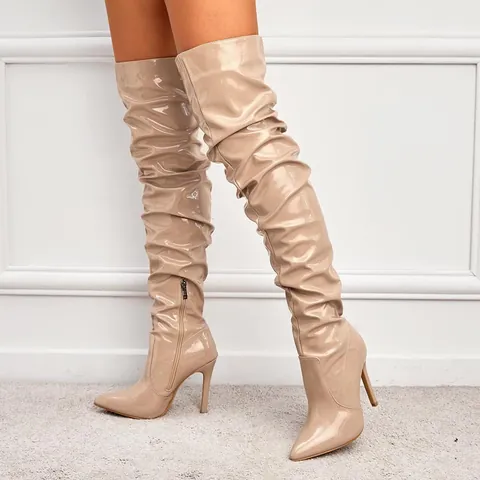 Women Over-the-knee Boots Pointed Toe Stiletto High Heel Patent Leather Slouchy Slouch Boots Side Zipper Fashion Boot
