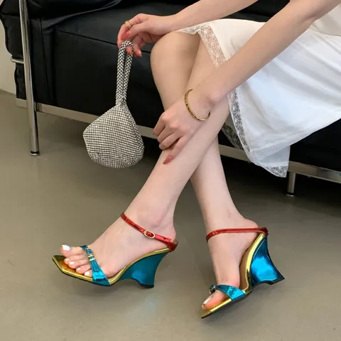Sandalias de Tacón de Cuña Metálicas con Degradado Mujer Moda Punta Cuadrada Mulas con Tacón Arquitectónico Zapatos de Fiesta