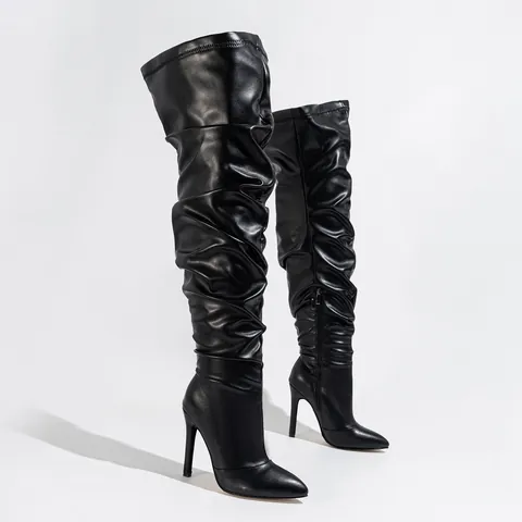 Women Sexy Black PU Leather Over-the-Knee Boots Slouchy Pointed Toe Stiletto High Heel Side Zipper Long Boots For Banquet
