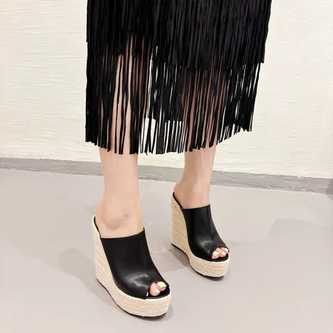 Sandales Compensées à Bout Ouvert pour Femmes Espadrilles à Plateforme Talons Hauts Chaussures d'Été Noir