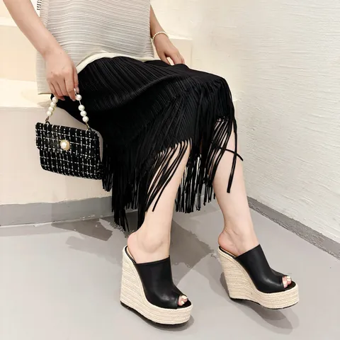 Sandales Compensées à Bout Ouvert pour Femmes Espadrilles à Plateforme Talons Hauts Chaussures d'Été Noir