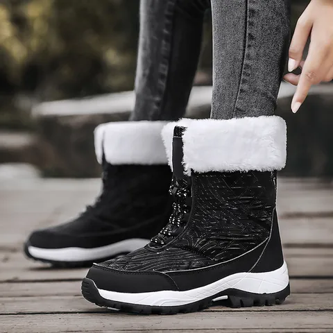 Stivali da Neve Casual Impermeabili da Donna Trapuntati Al Polpaccio Scarpe di Cotone Termiche Invernali Taglie Comode Fodera in Pelliccia Calda Antiscivolo