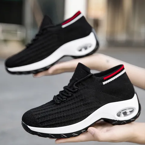 Women Fashion Casual Flyknit Sock Shoes Mesh Breathable Air Cushion Platform Sneakers Slip On Sports Shoes For Walking
