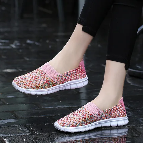 Scarpe Intrecciate Casual da Donna Elastiche Traspiranti Slip-on Mocassini Leggere Scarpe da Camminata Piatte Sneakers