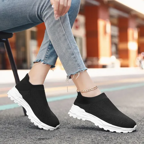 Women Flyknit Sock Sneakers Breathable Lightweight Plus Size Walking Shoes Casual Slip-on Thick Sole Sports Footwear