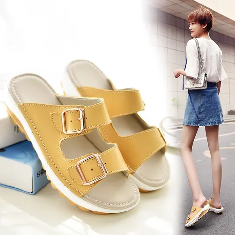 Chanclas de Cuña de Cuero de Vaca Casual para Mujer Sandalias de Plataforma con Doble Hebilla Suela Gruesa Zapatos de Playa de Verano Pantuflas para Mujer
