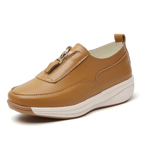 Women Casual Platform Loafers PU Leather Slip-On Shoes With Metal Zipper Height Increasing Non-Slip Walking Single Shoes