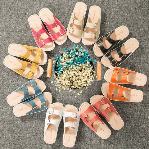 Chanclas de Cuña de Cuero de Vaca Casual para Mujer Sandalias de Plataforma con Doble Hebilla Suela Gruesa Zapatos de Playa de Verano Pantuflas para Mujer