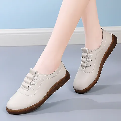 Damen Casual Leder Mokassins Runde Zehe Weiche Sohle Rutschfeste Einzelschuhe Für Den Alltag Mutter Loafer
