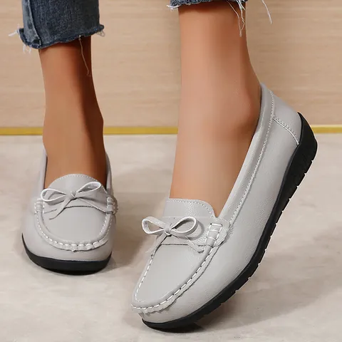 Women's Casual Genuine Leather Loafers Bowknot Soft Sole Flat Nurse Shoes Moccasins Non-slip Comfortable Slip-on Mamma Shoes