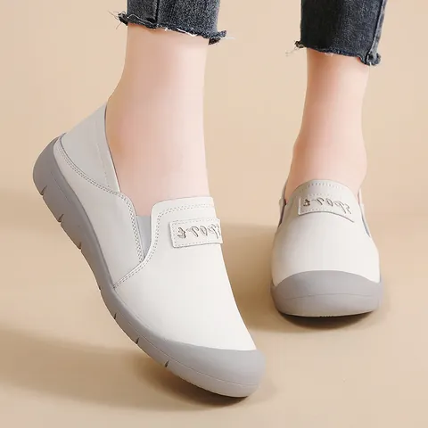 Women Split Cowhide Leather Slip On Flat Shoes Breathable Hollow Out Casual Sneakers Soft Sole White Shoes For Daily Work