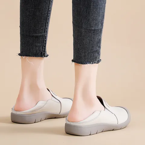 Women Split Cowhide Leather Slip On Flat Shoes Breathable Hollow Out Casual Sneakers Soft Sole White Shoes For Daily Work