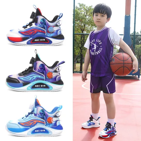 Kids Basketball Shoes For Boys Summer Breathable Double Mesh Rotating Buckle Sport Sneakers Lightweight Children Astronaut Sneakers